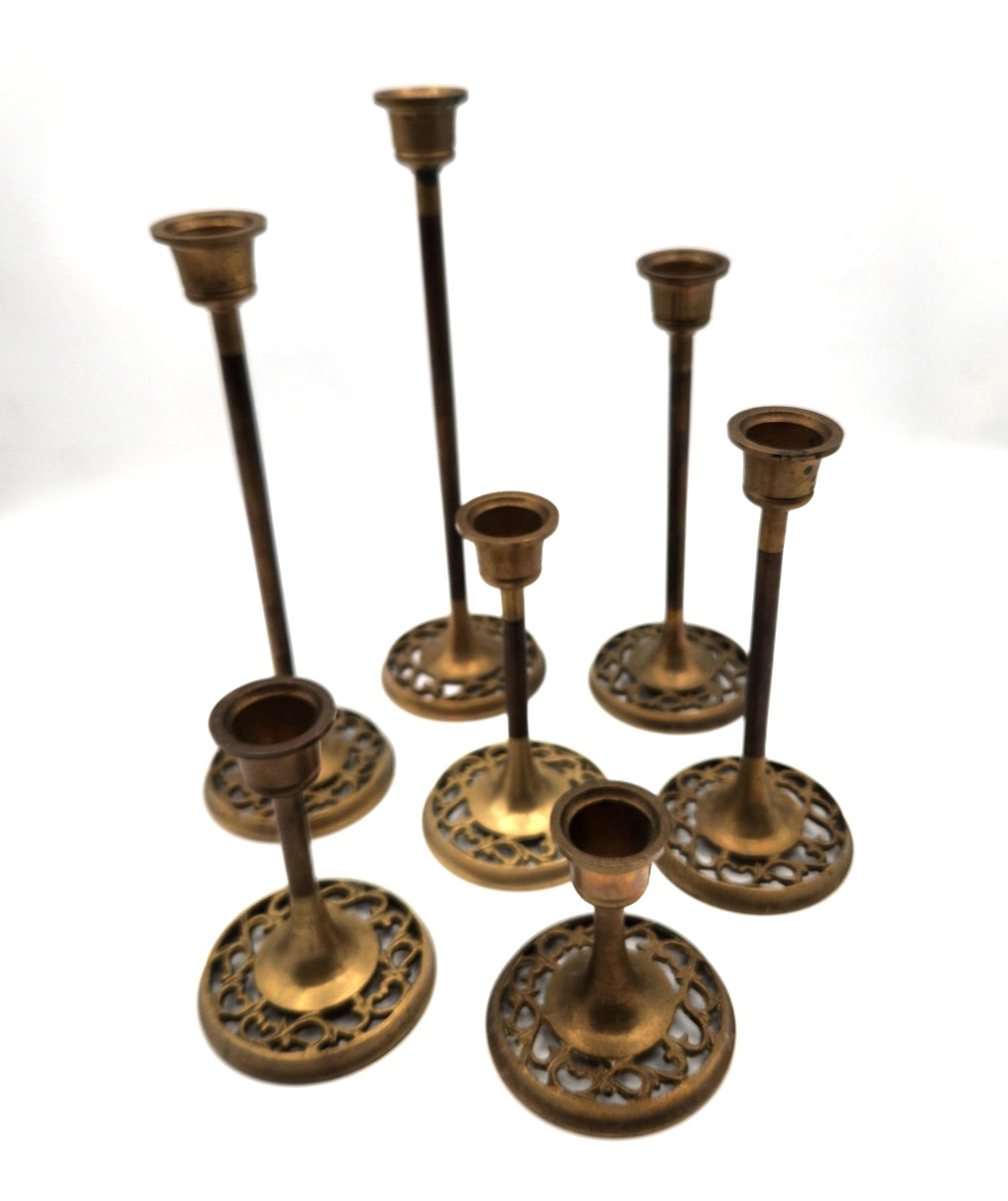 Vintage Skinny Brass Candlesticks Matched Set Of 7 Original Patina