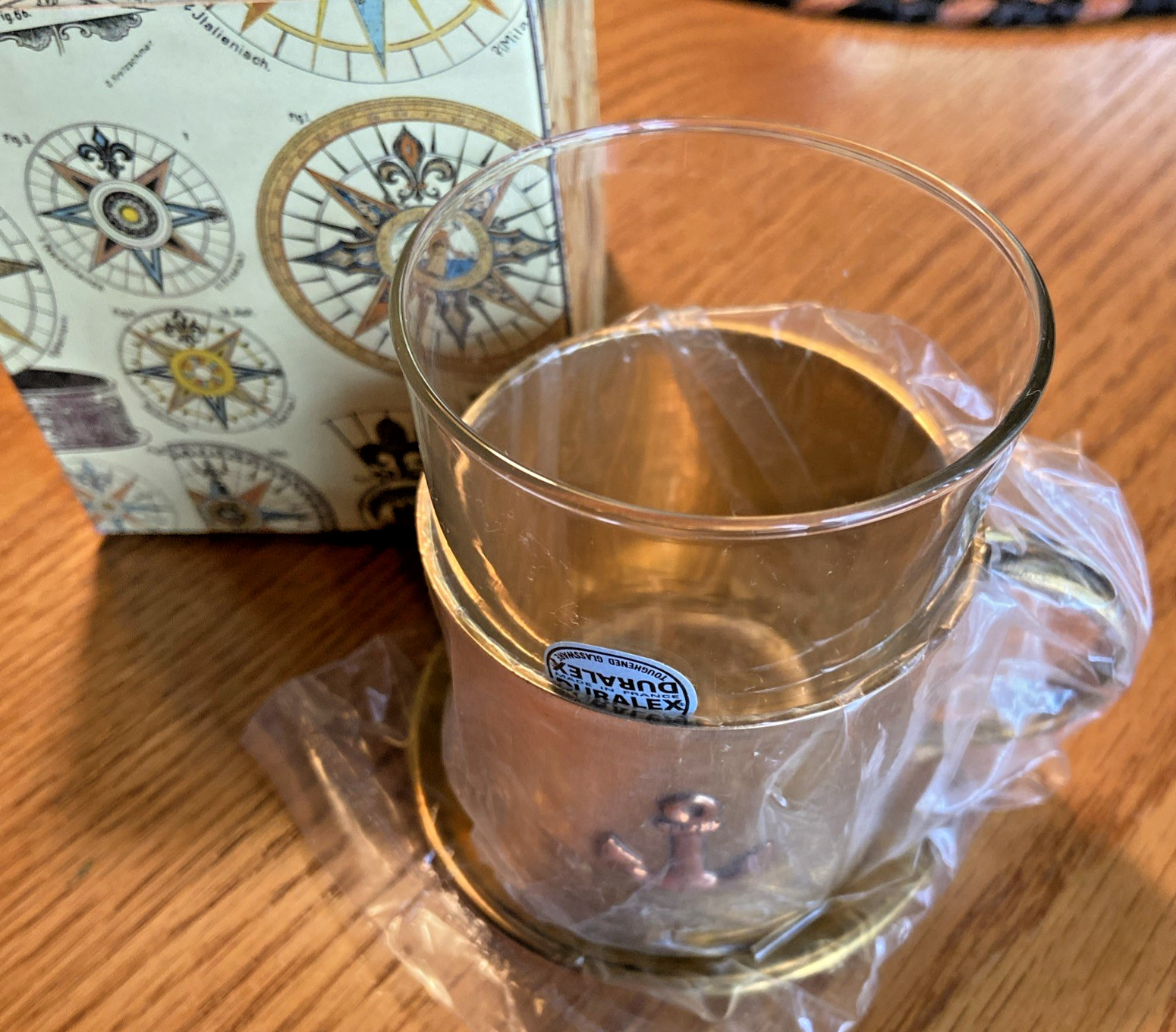 Vintage Brass Cup w/Anchor Design Plus Saucer & Glass Liner Nautical Decor