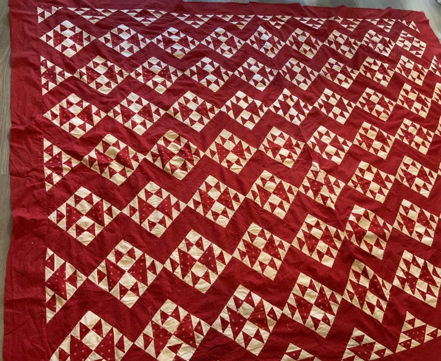 Antique Patchwork Quilt Top, Early 1900’s, Red & White, Four Patch W/ Triangles