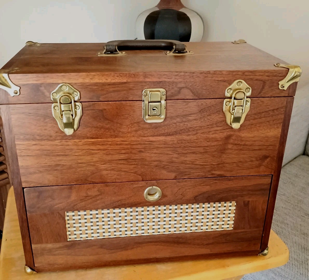 Vintage Oak Wooden Machinist Tool Chest Box Drawers Felt Lined Brass 16\
