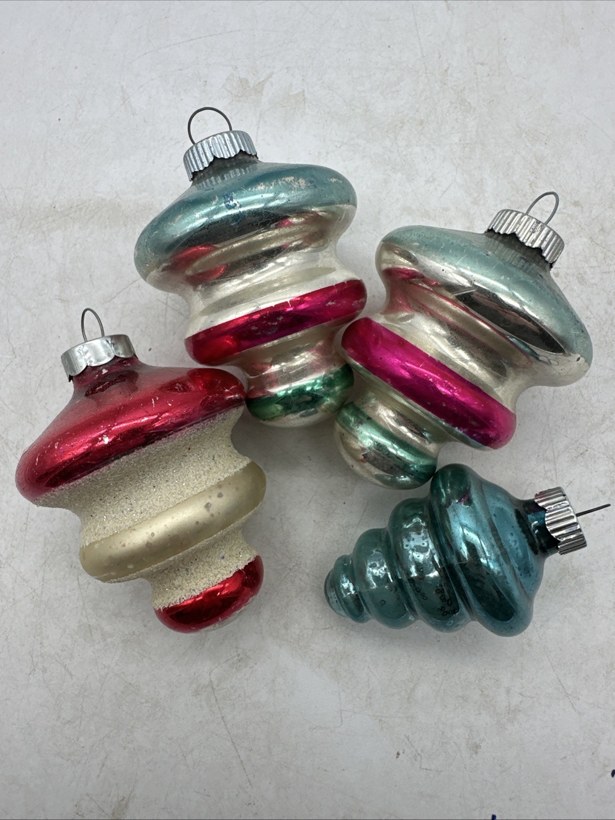 Vintage Shiny Brite Glass Tornado UFO Ornament Lot Of 4 Striped Mica READ