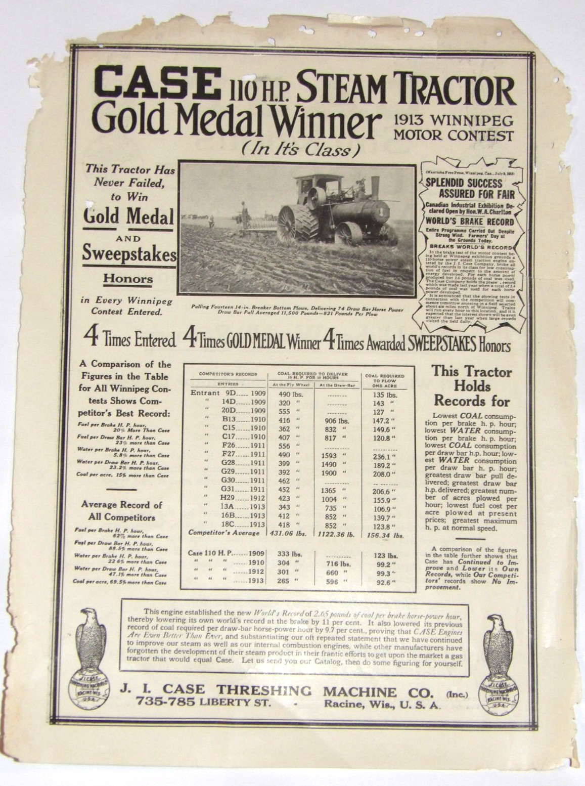 VTG ORIGINAL 1913 J I CASE STEAM COAL TRACTOR ADVERTISING 2-SIDED SHEET 9x12\