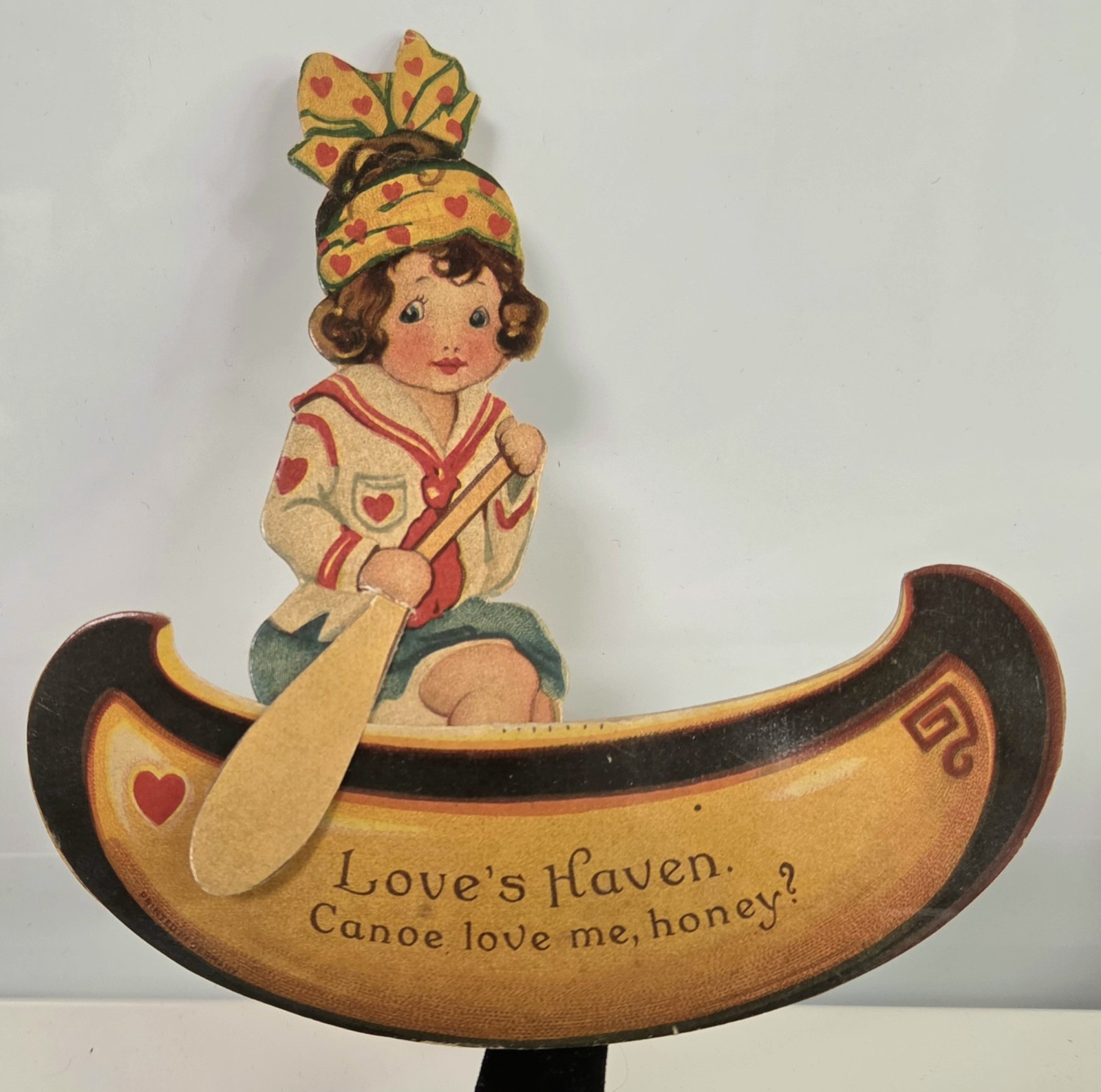 Antique 1930s Valentine Card Moving Parts Canoe Love Me, Honey? Girl In Canoe