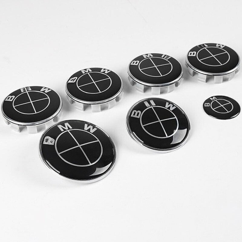 7Pcs Black Hood Wheel Emblem Rim HubCaps Badges For B-M-W 82mm 74mm 4x56mm 45mm