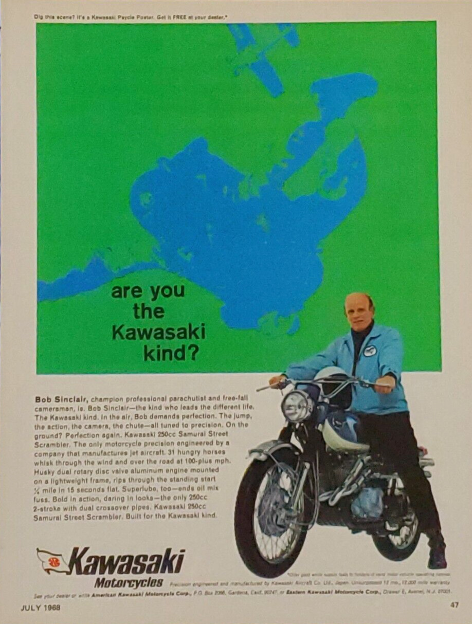 1968 KAWASAKI SAMURAI 250cc MOTORCYCLE PRINT AD JAPANESE ART SHIPS FREE LOT B29