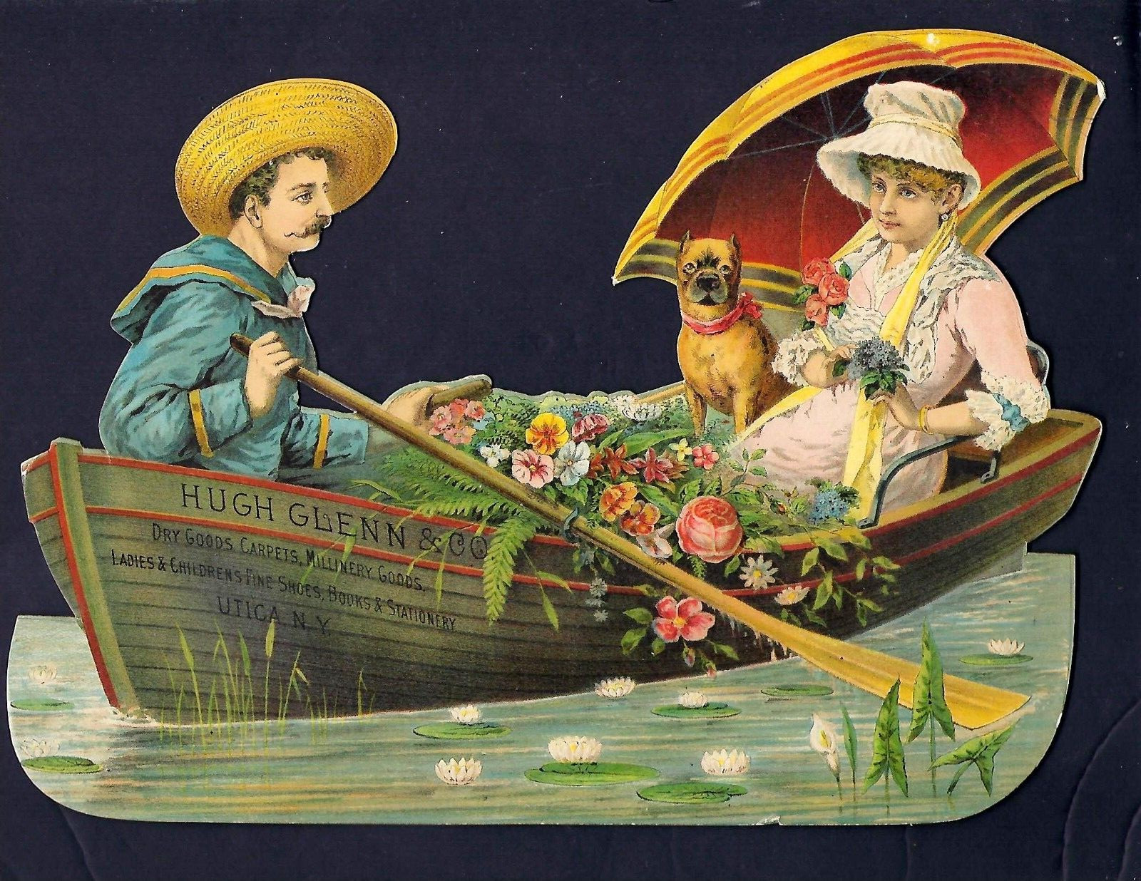 1890's Large Victorian Trade Card, Die-Cut,Hugh Glenn & Co, Lady/Man, Boat & Dog
