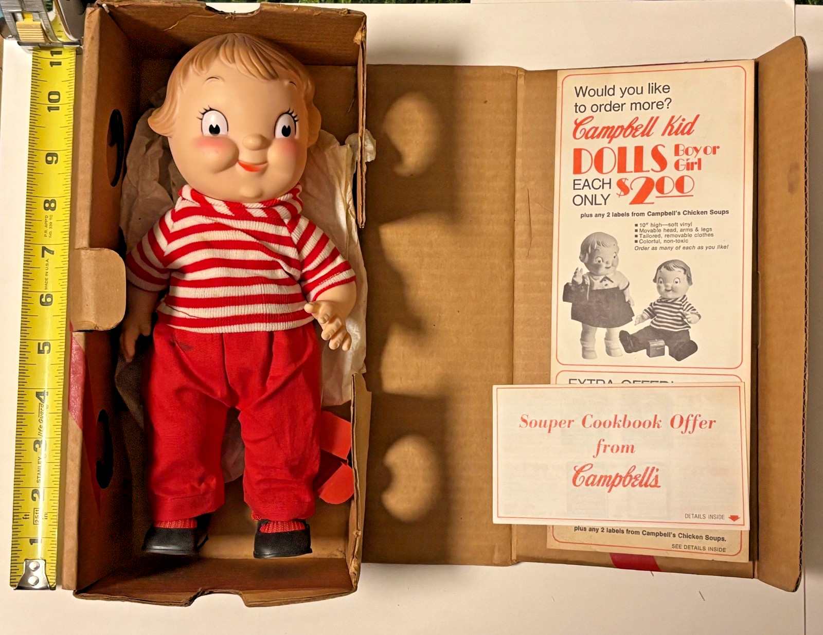 1970s VINTAGE  CAMPBELL'S SOUP KIDS 10-INCH BOY DOLL MIB WITH PAPERS  &LUNCHBOX