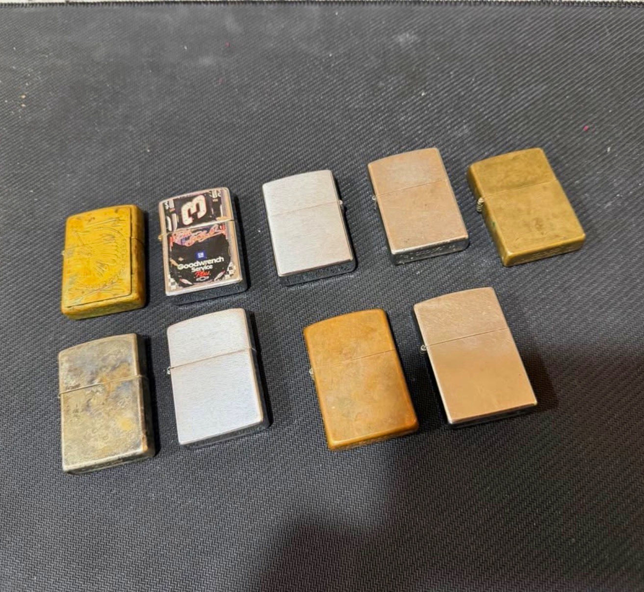 Zippo Lot of 8 Flip Top Lighters w/ Inserts, Goodwrench Service Plus, Brass