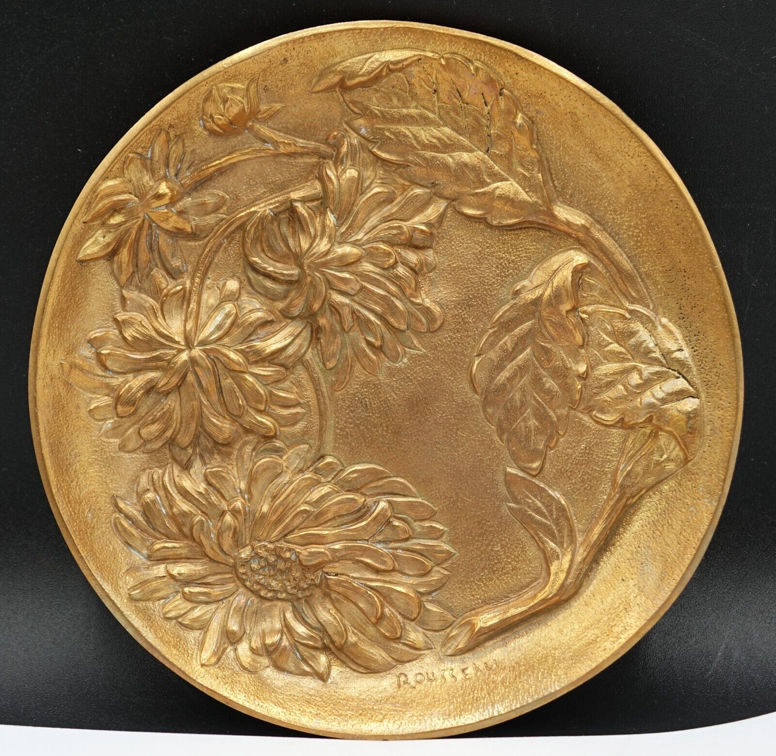 ART NOUVEAU Belgian Gilt Bronze Chrysanthemum Flower Pin Tray Signed by ROUSSEAU