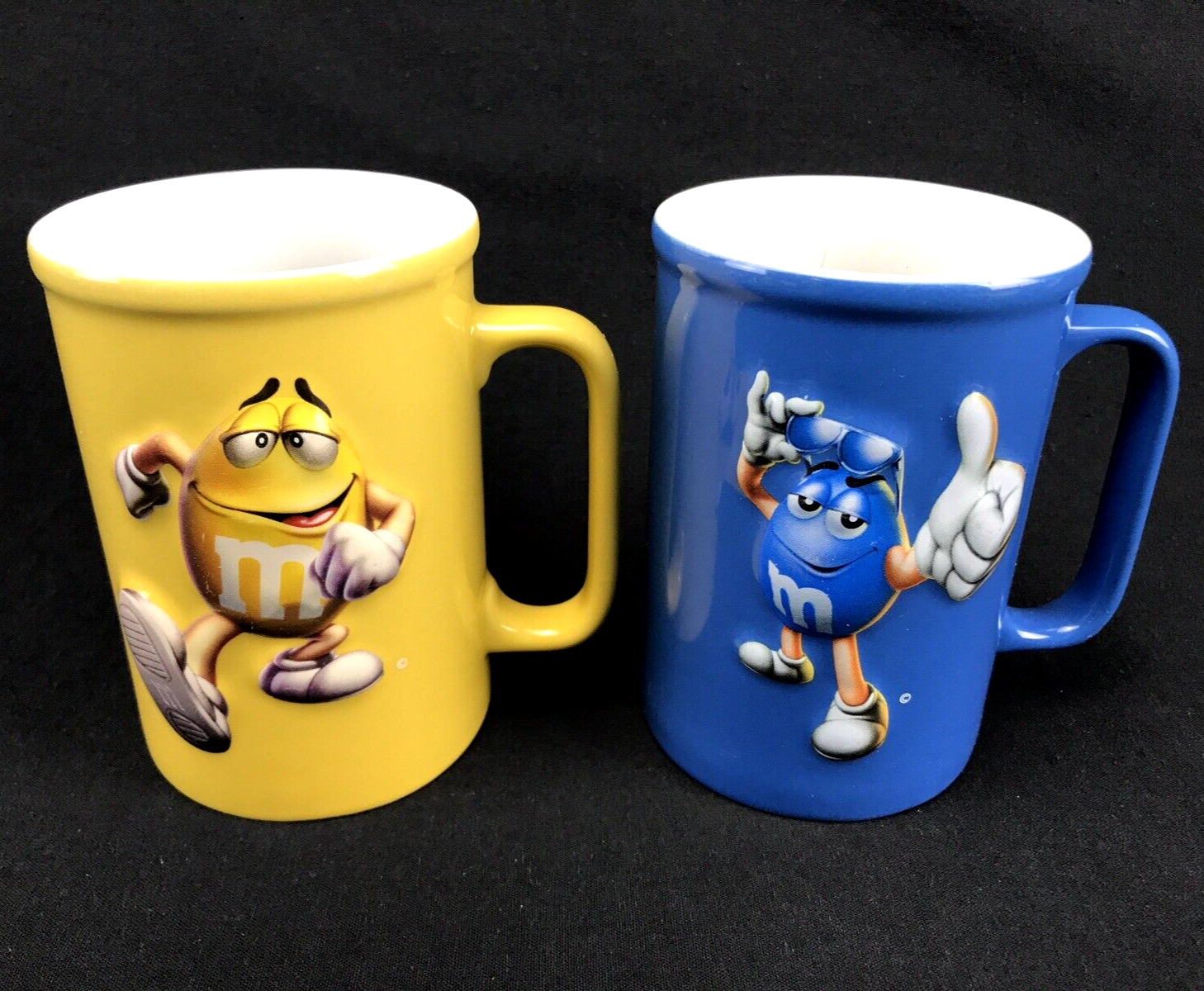 M&M World Mars Inc Mugs Coffee Cups 2006 Yellow Blue Set of 2