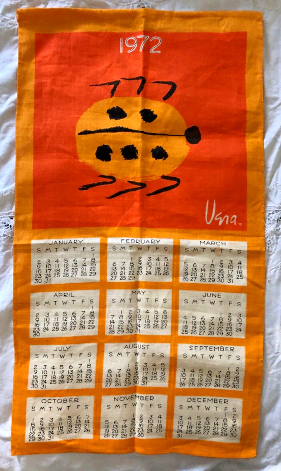 VTG Vera Neumann 1972 Calendar Kitchen Linen Tea Towel Big Ol\' Orange Ladybug