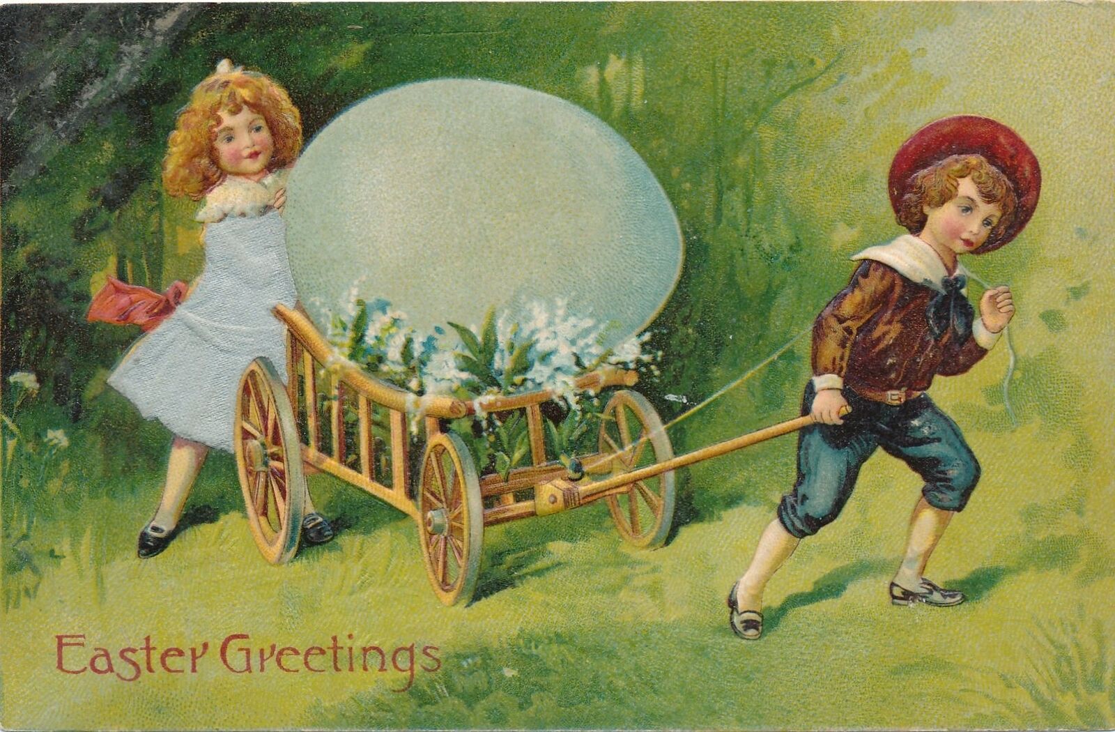 EASTER - Children With Huge Egg In Cart Silk Covered Easter Greetings