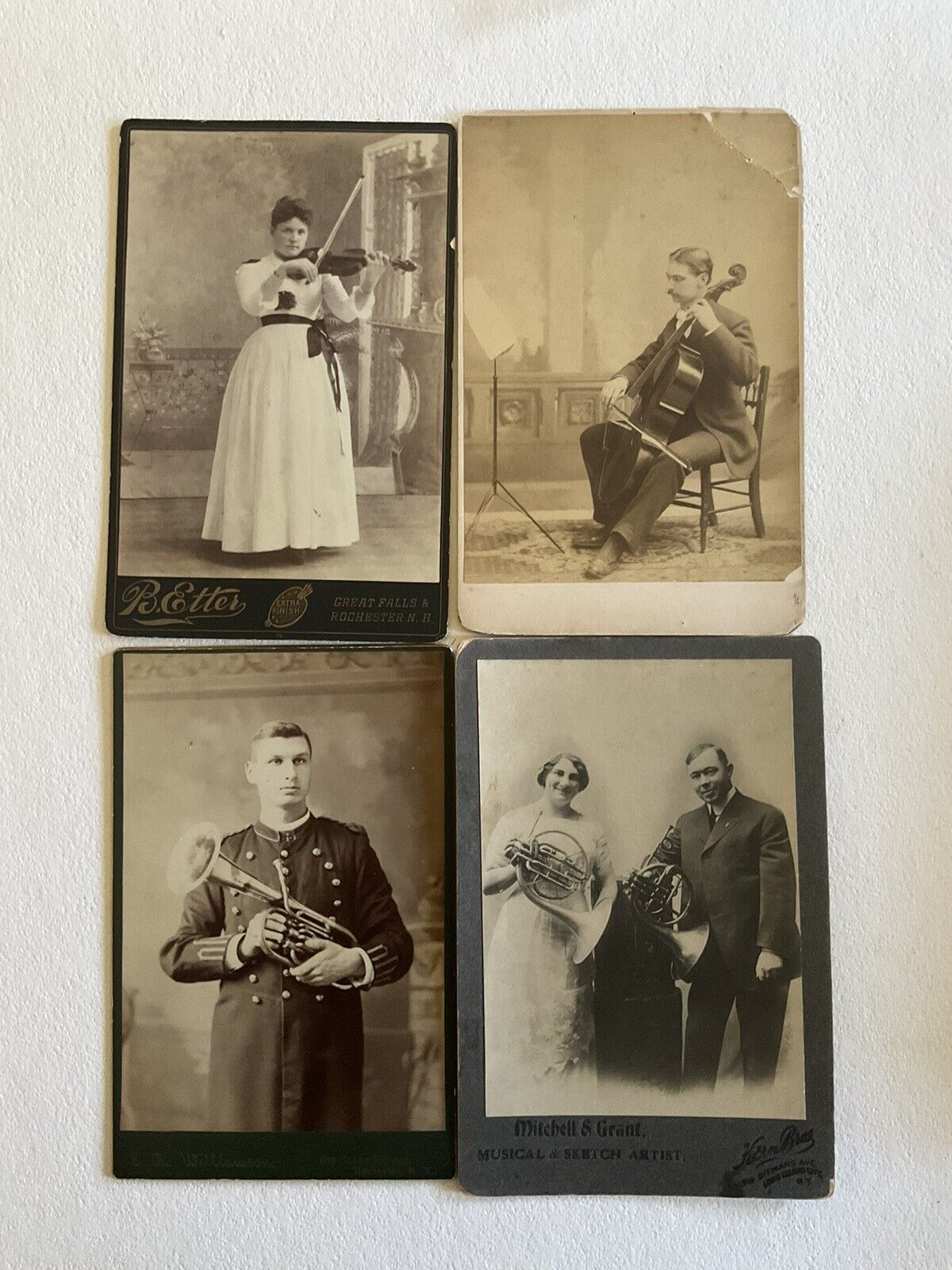 Four ANTIQUE CABINET PHOTOs Of Musicians  1890’s, Violin, Horns, Portland Maine