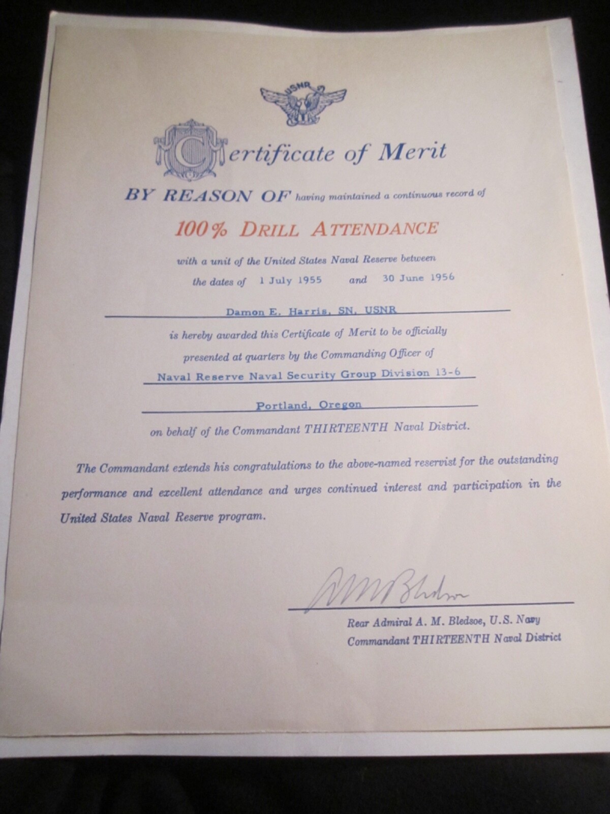 1954 & 1955 U.S. NAVY 100% DRILL ATTENDANCE CERTIFICATES SIGNED - BBA-52
