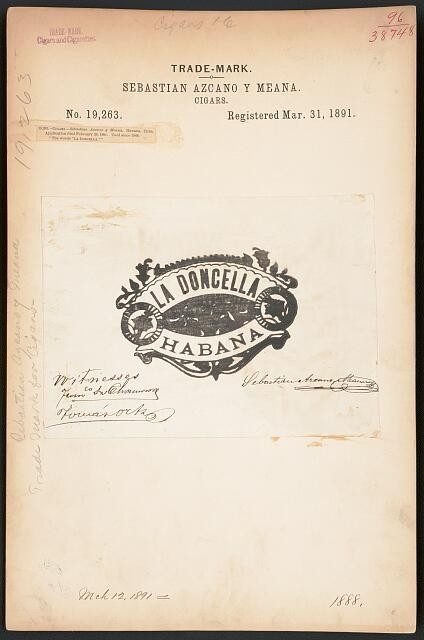 Sebastian Azcano Y Meana 1891 La Doncella Habana Cigar Trademark Registration