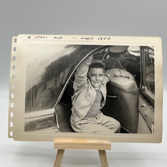 Vintage 1953 Black White Photograph Boy in Classic Car Americana Snapshot 0170