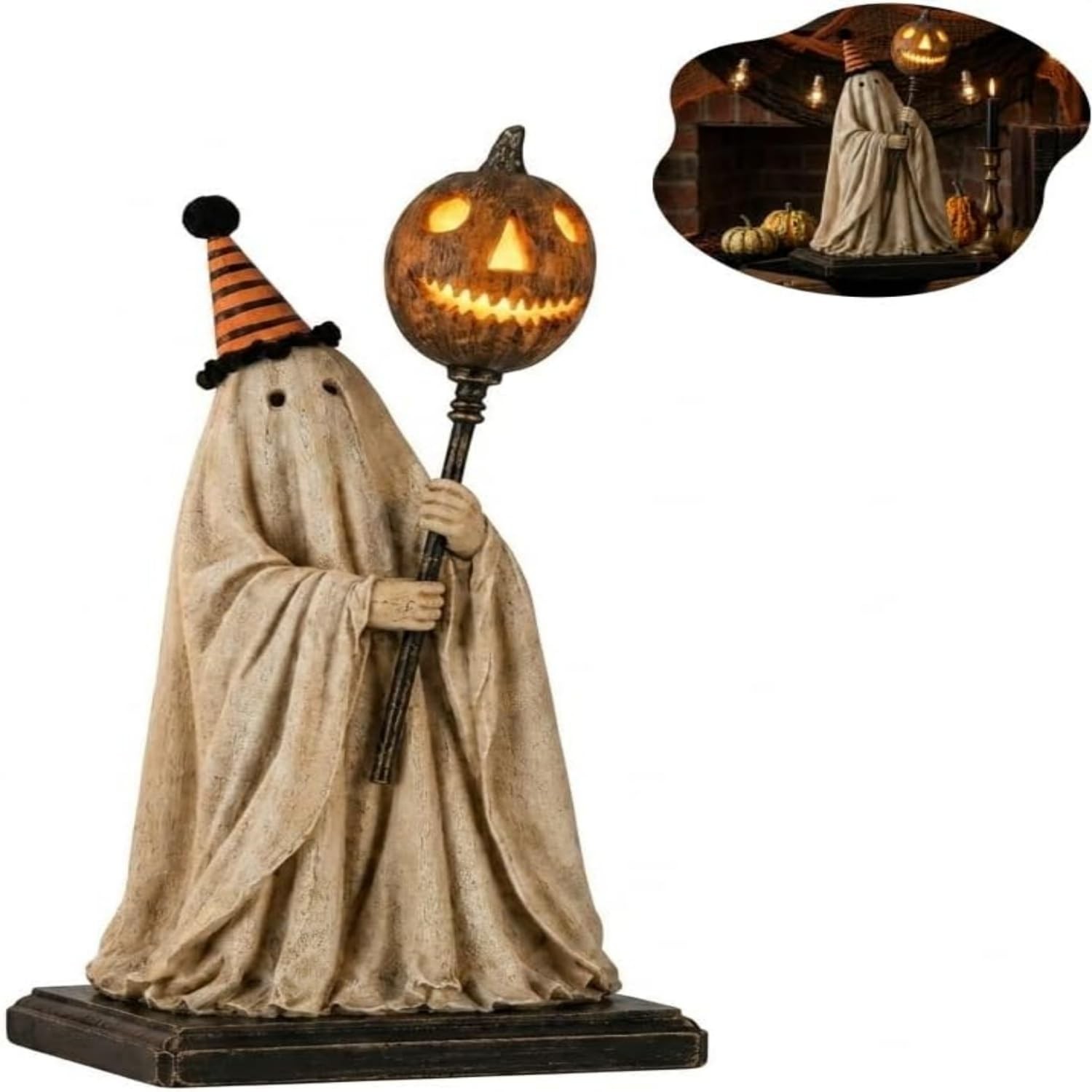 Lighted Vintage Ghost Figurine with Glowing Pumpkin Staff,Cute Halloween Ghos...