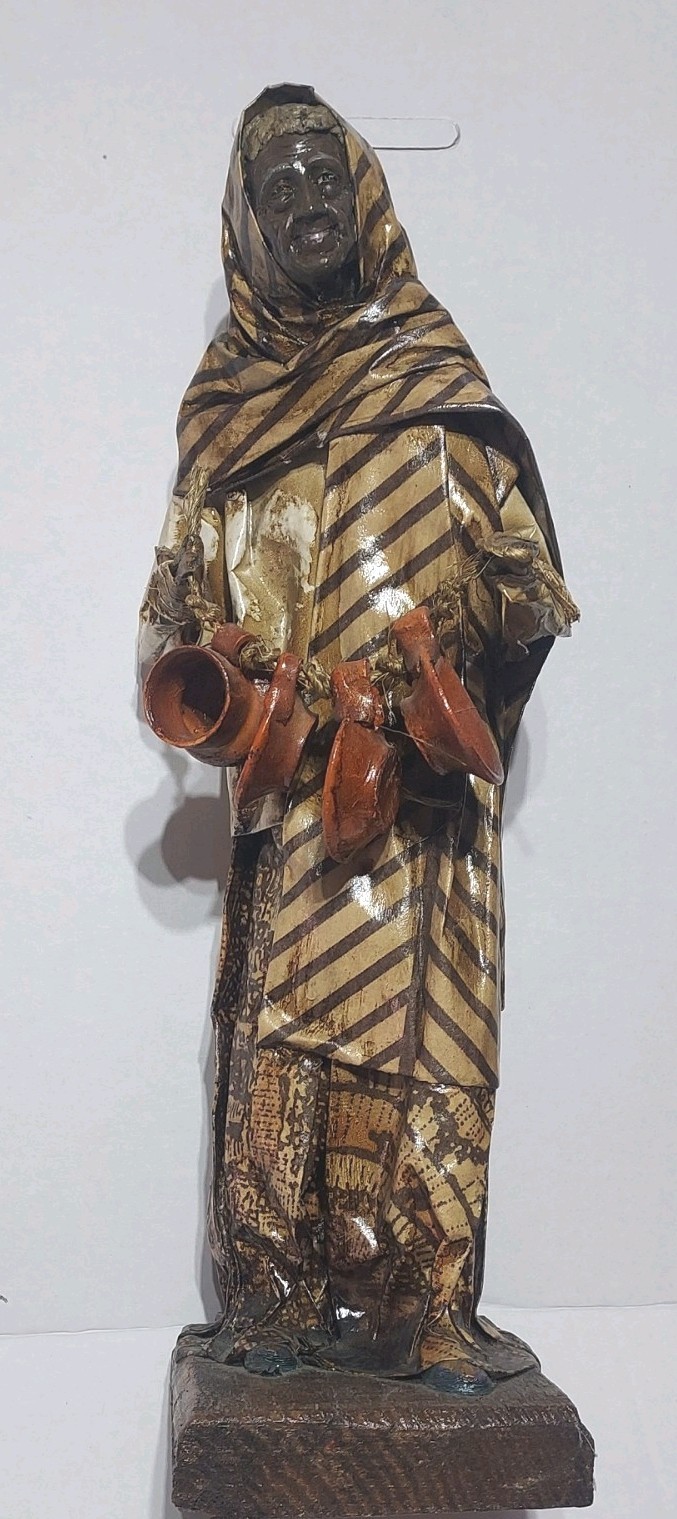 Ethnic Dressed Paper Mache Old Woman Figurine Carrying  Pottery 13.5