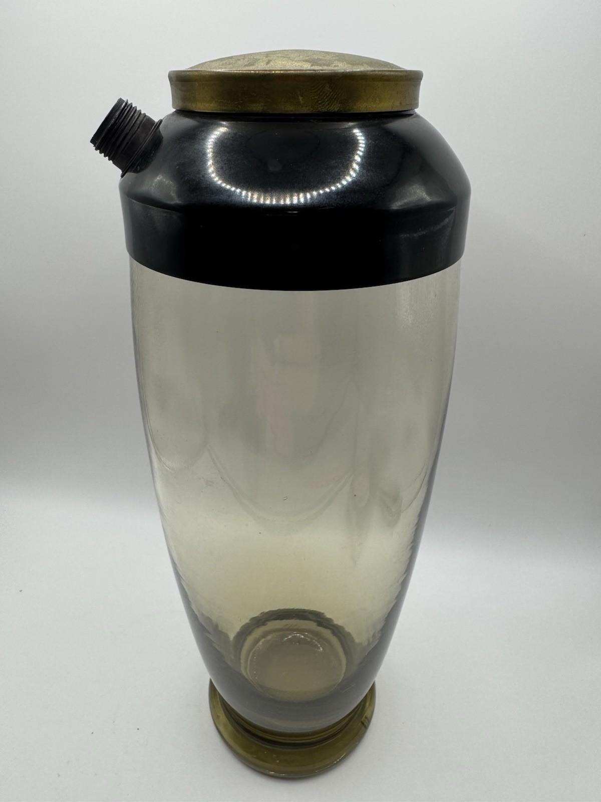 Art Deco Cocktail Shaker By Morgantown Smokey Glass, Brass Cap and Pour Spout
