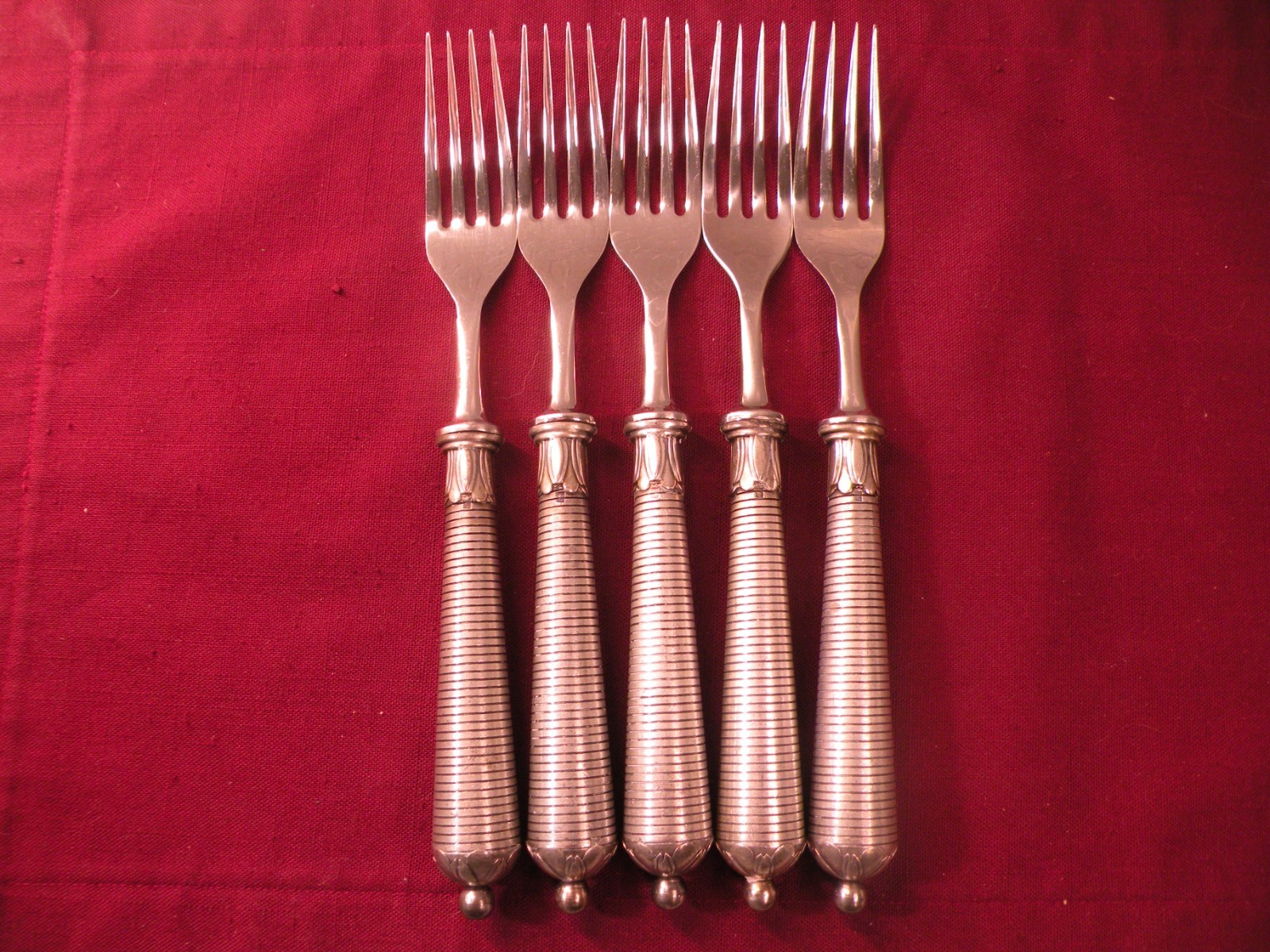 Set Of 5 Neiman Marcus Dinner Forks Silverplate Thick Round Handle Ridges 9 1/8\