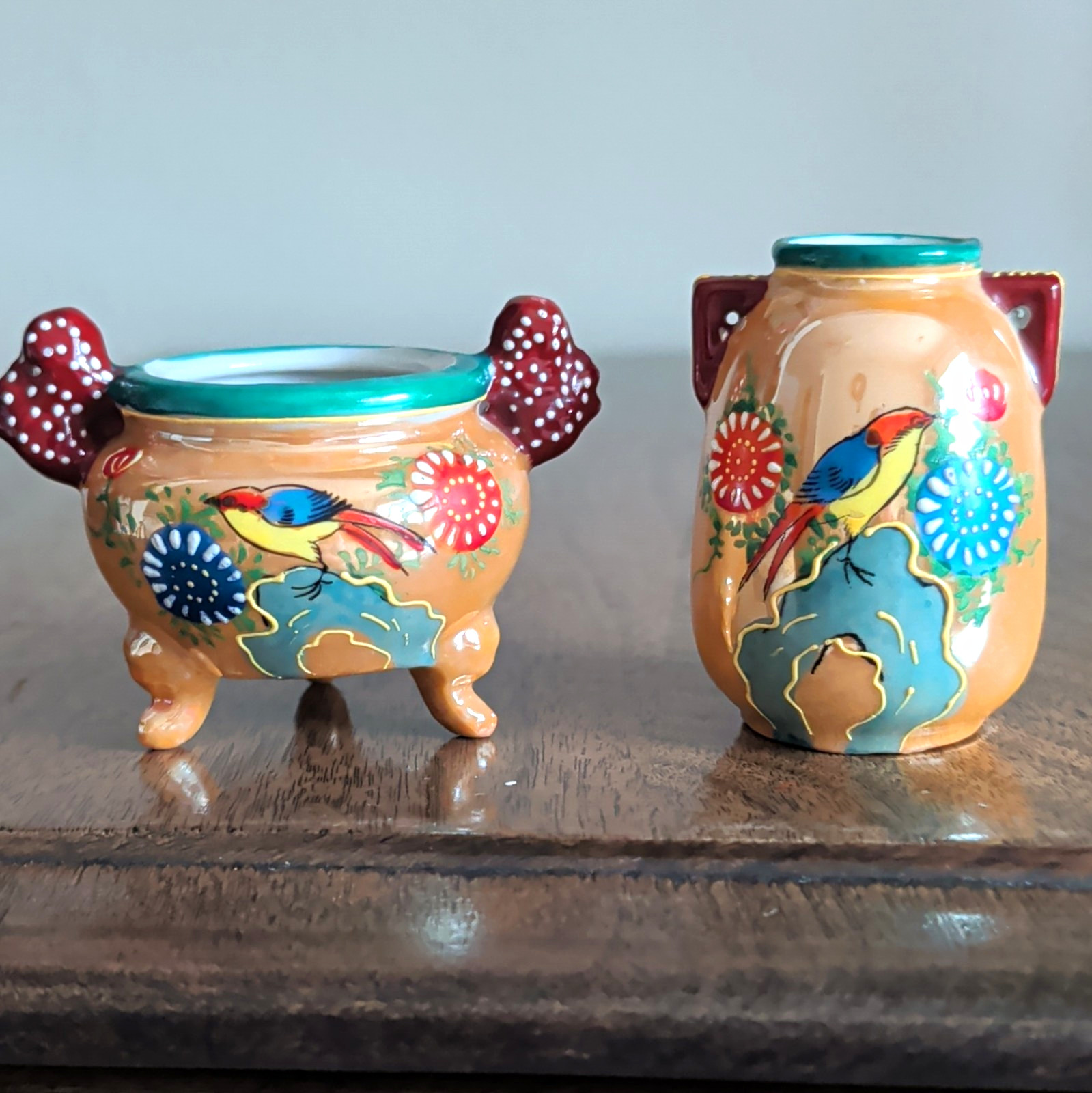 Set of 2 Small Hand Painted Ceramic Bird Floral Vases Glossy Made in Japan