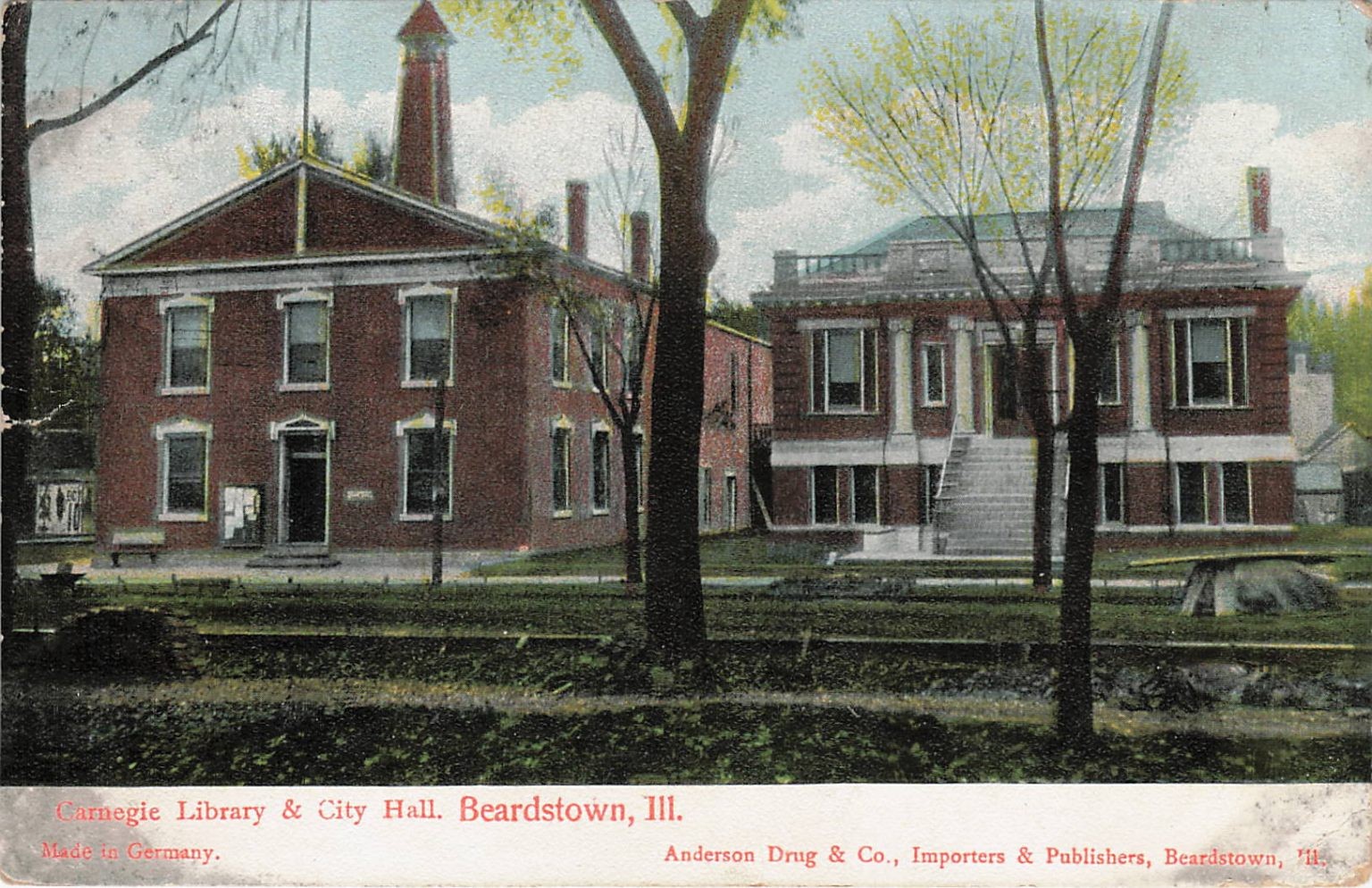 1907 Beardstown Illinois Carnegie Library City Hall Anderson Drug Postcard