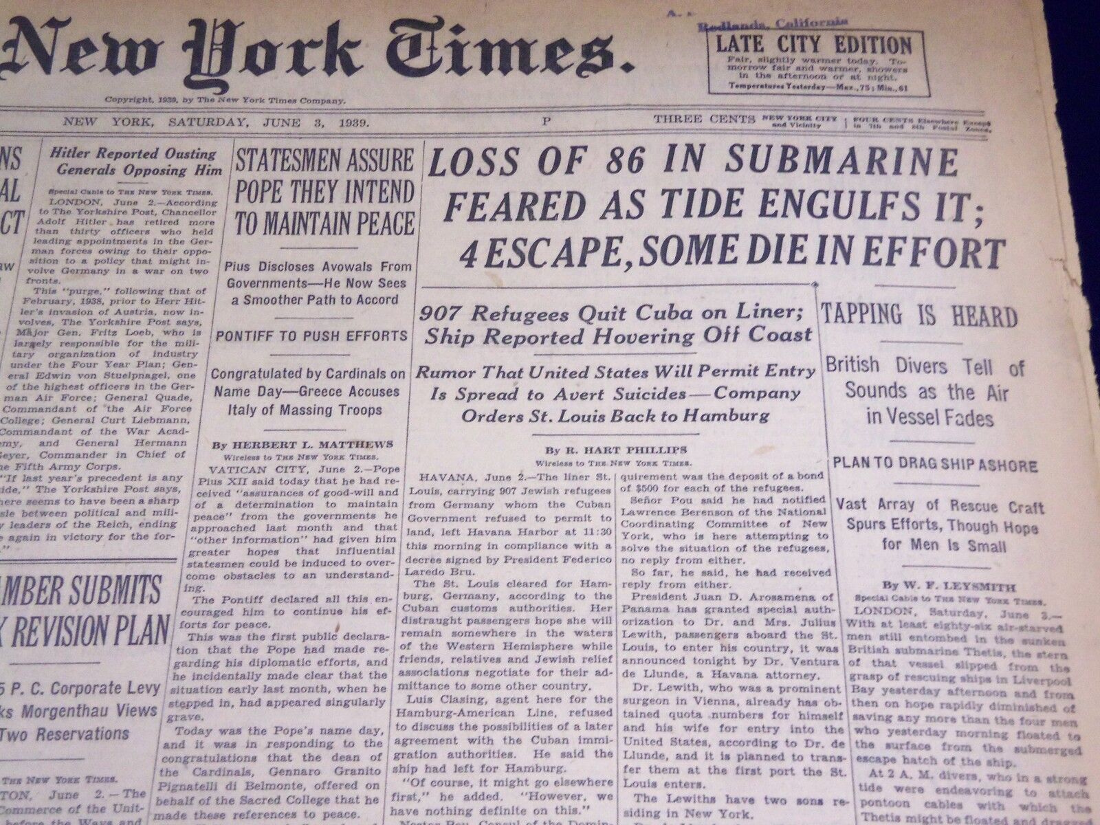1939 JUNE 3 NEW YORK TIMES - LOSS OF 86 IN SUBMARINE FEARED - NT 1397