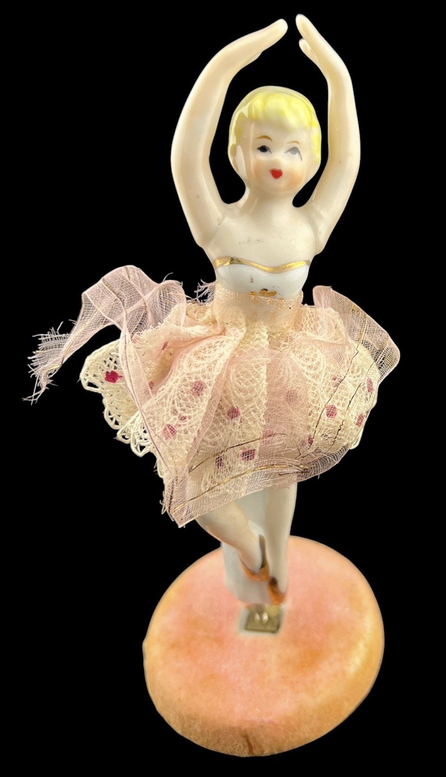 Vintage Porcelain Twirling Ballerina Figurine Spins On Base Pink Hand Painted
