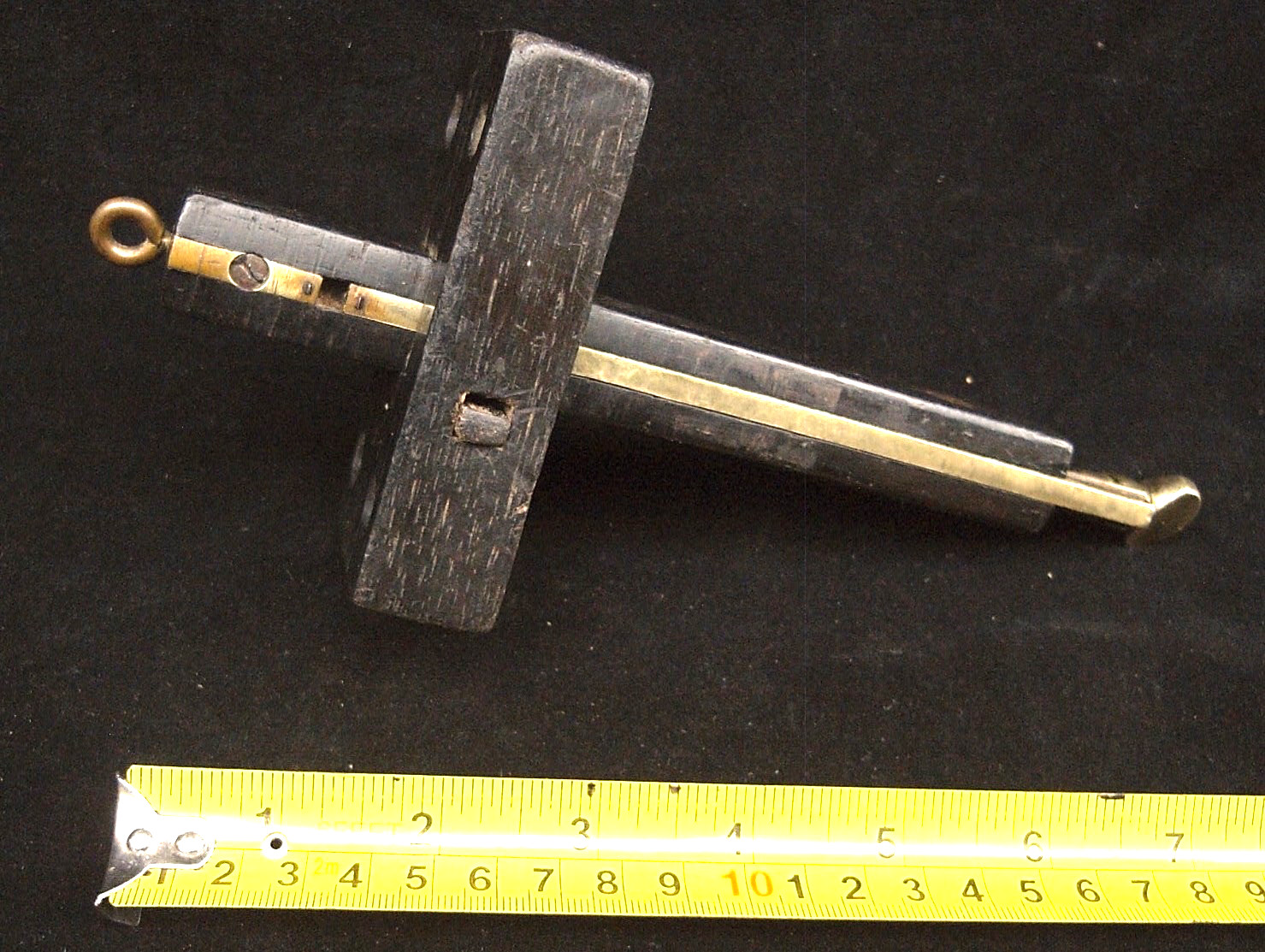 1860\'s BRITISH EBONY+BRASS MORTICE GAUGE w/ DOVETAIL SCREW ADJUSTMENT+WOODEN PIN