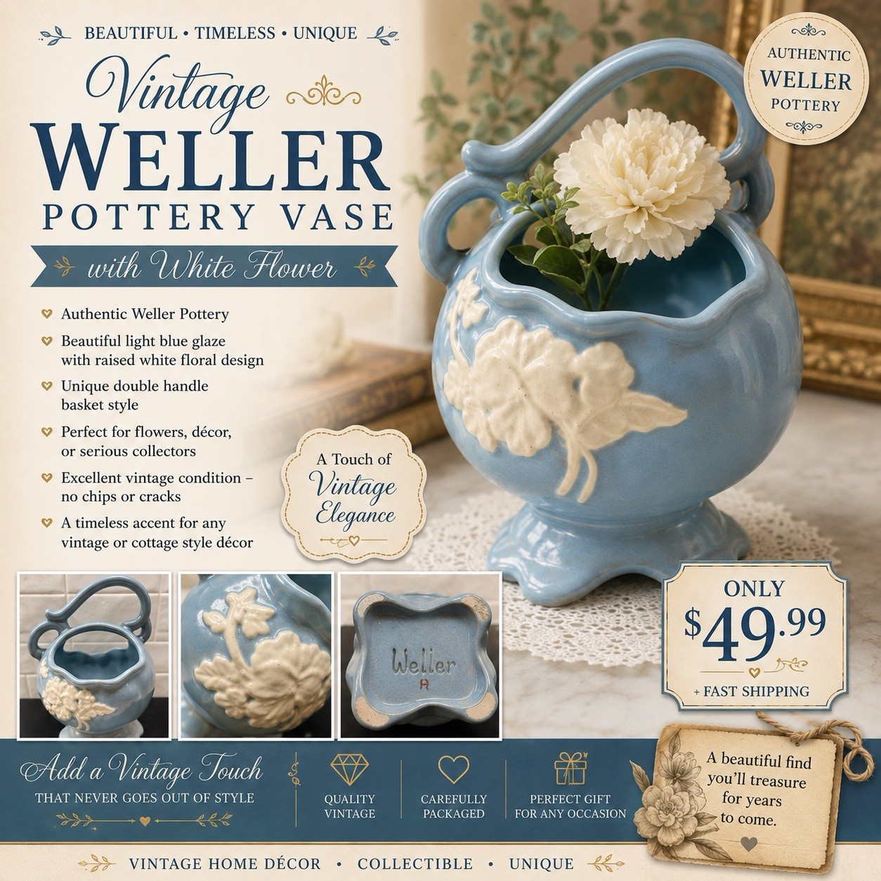 VTG Weller Pottery Blue Cameo Basket Vase – White Raised Flowers, Double Handle
