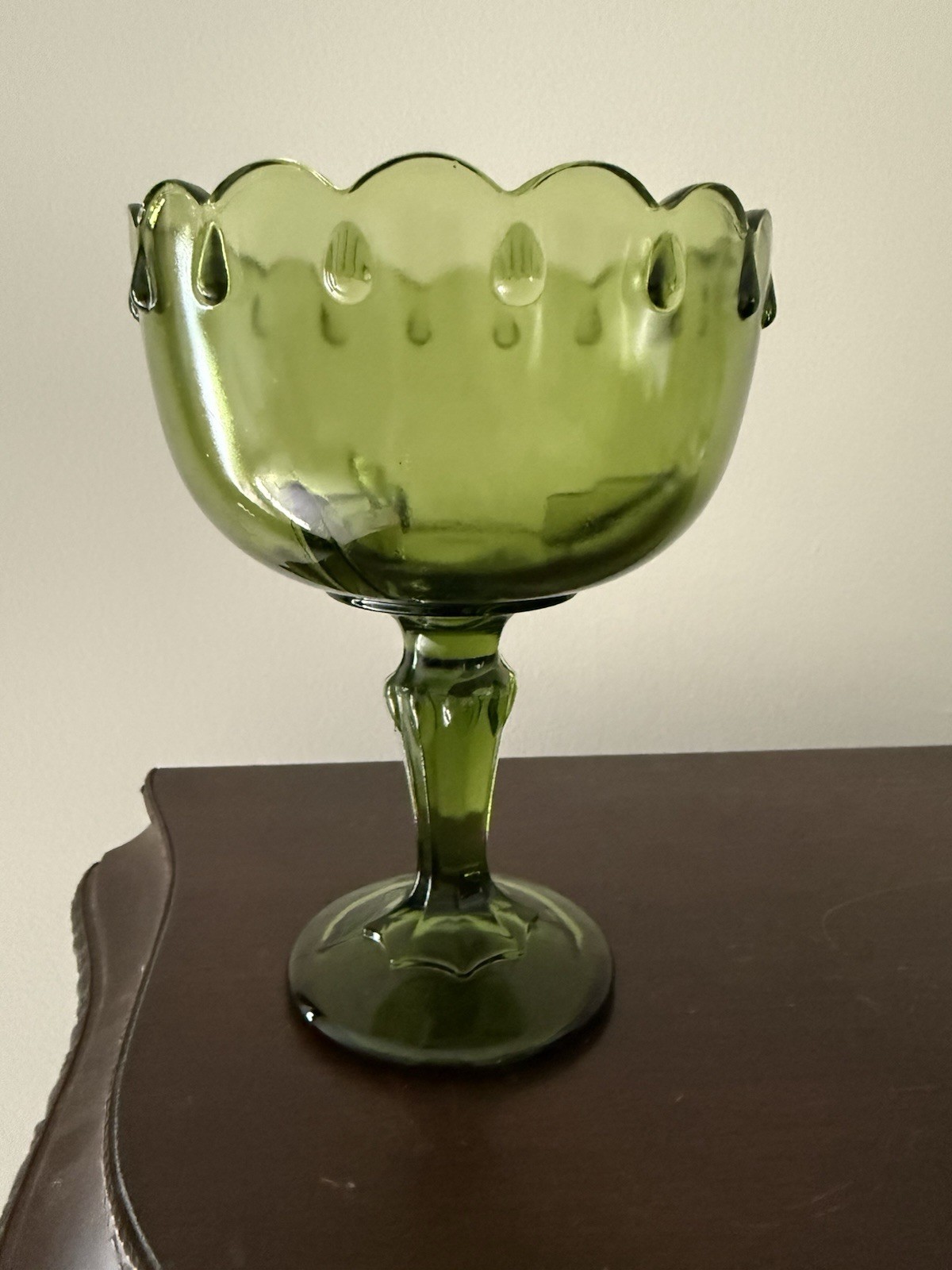 Vintage Indiana Glass, Avocado  Green Scalloped Teardrop Pedestal Compote
