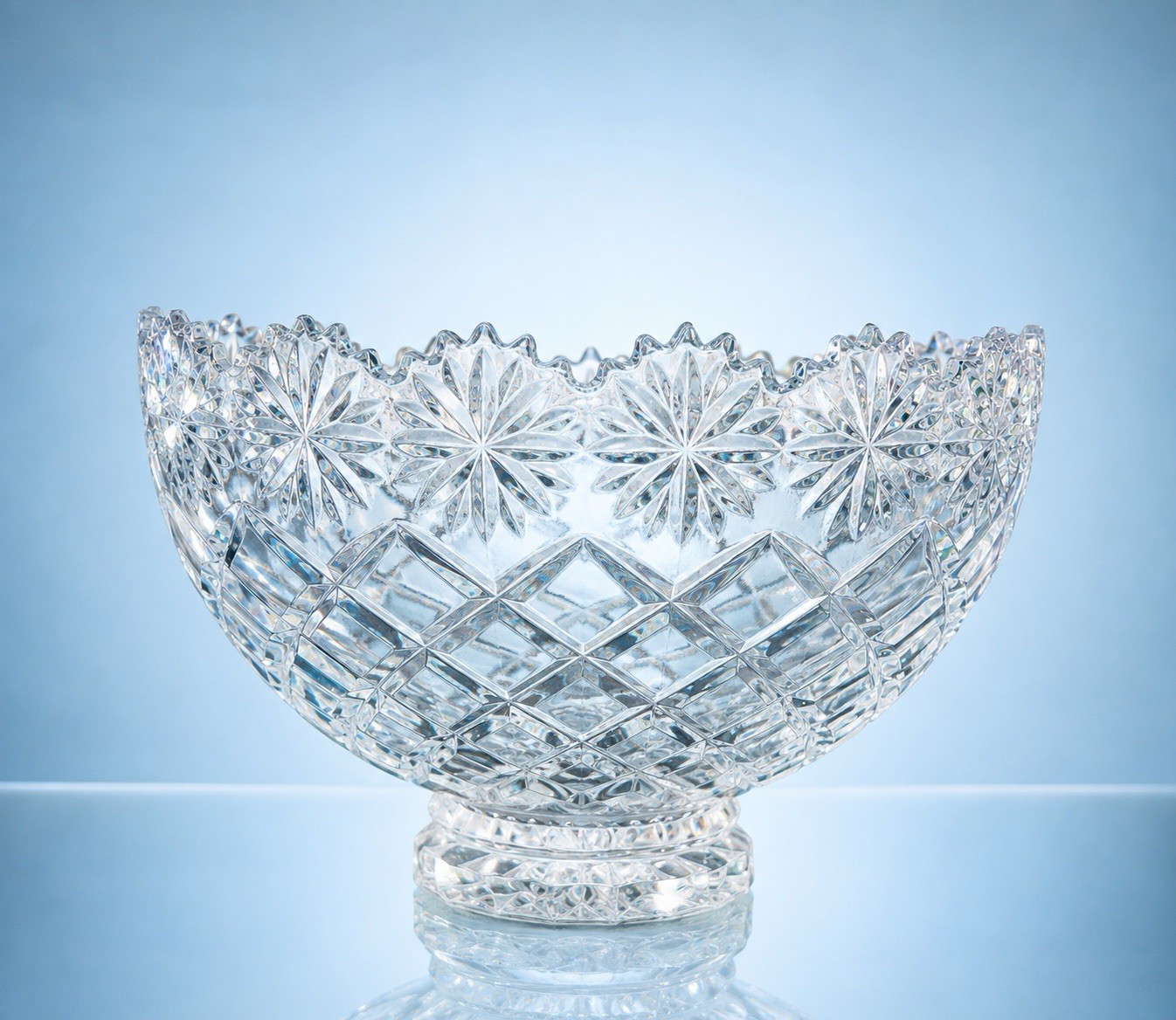 Crystal Clear Poland 1970s Footed Centerpiece Bowl Brussels Cut Clear, 8x6.5\