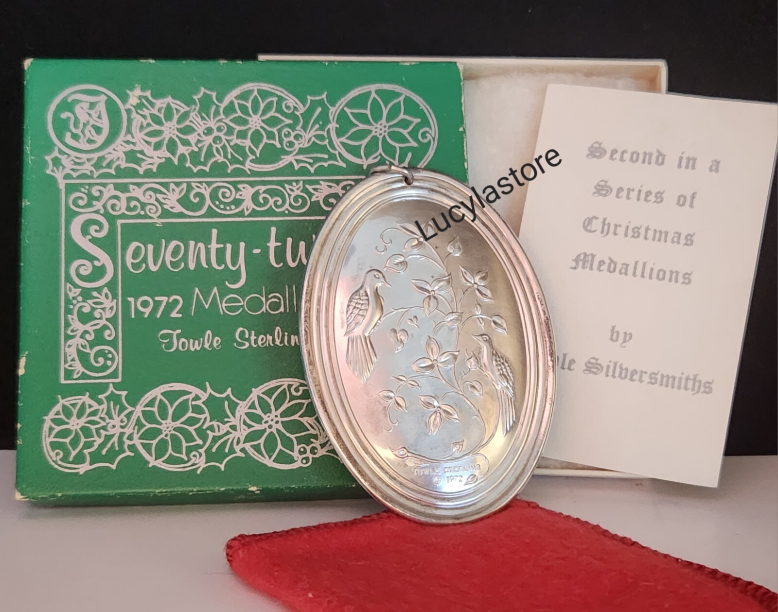 Vintage 1972 Towle STERLING Mistletoe Christmas Ornament Medallion 2Turtle Doves