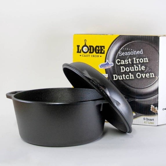 Lodge 5 qt Seasoned Cast Iron Double Dutch Oven with Loop Handles
