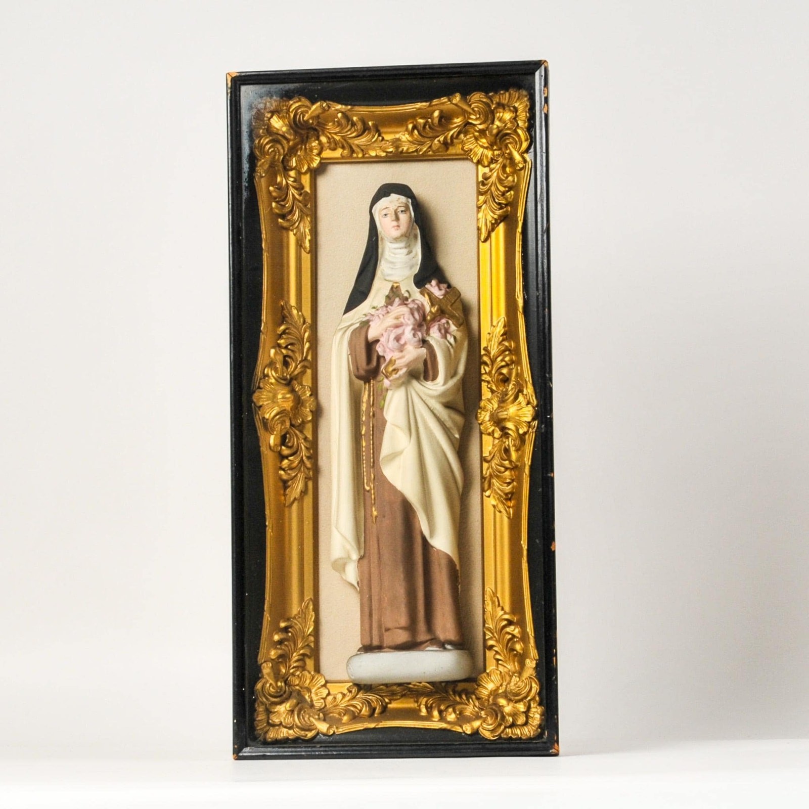 Vintage Saint Teresa Figurine Gold Gilt Frame Behind Glass Religious Art