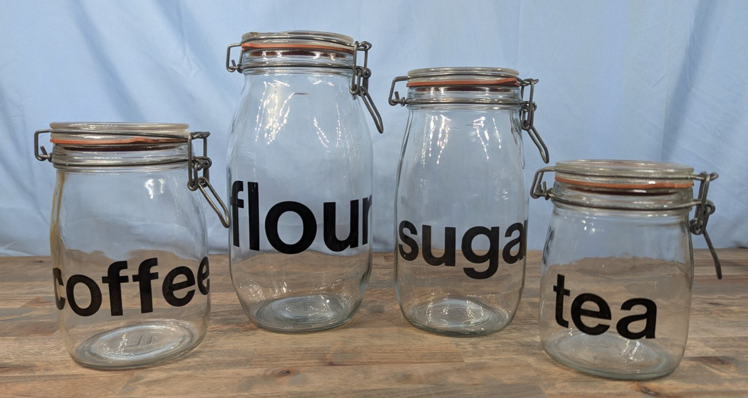 Vintage Triomphe 70’s Glass Kitchen Canisters 4 Wire Lock Sealed Canisters