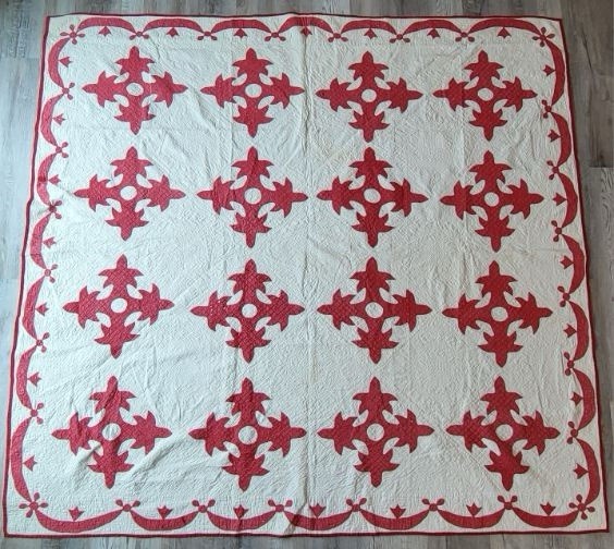 Antique 1875 Turkey Red White Fleur De Lis Applique Quilt Signed W Appraisal