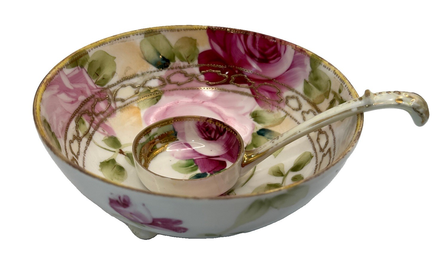 Vintage Nippon Hand Painted  Floral 3 Footed Bowl With Matching Ladle