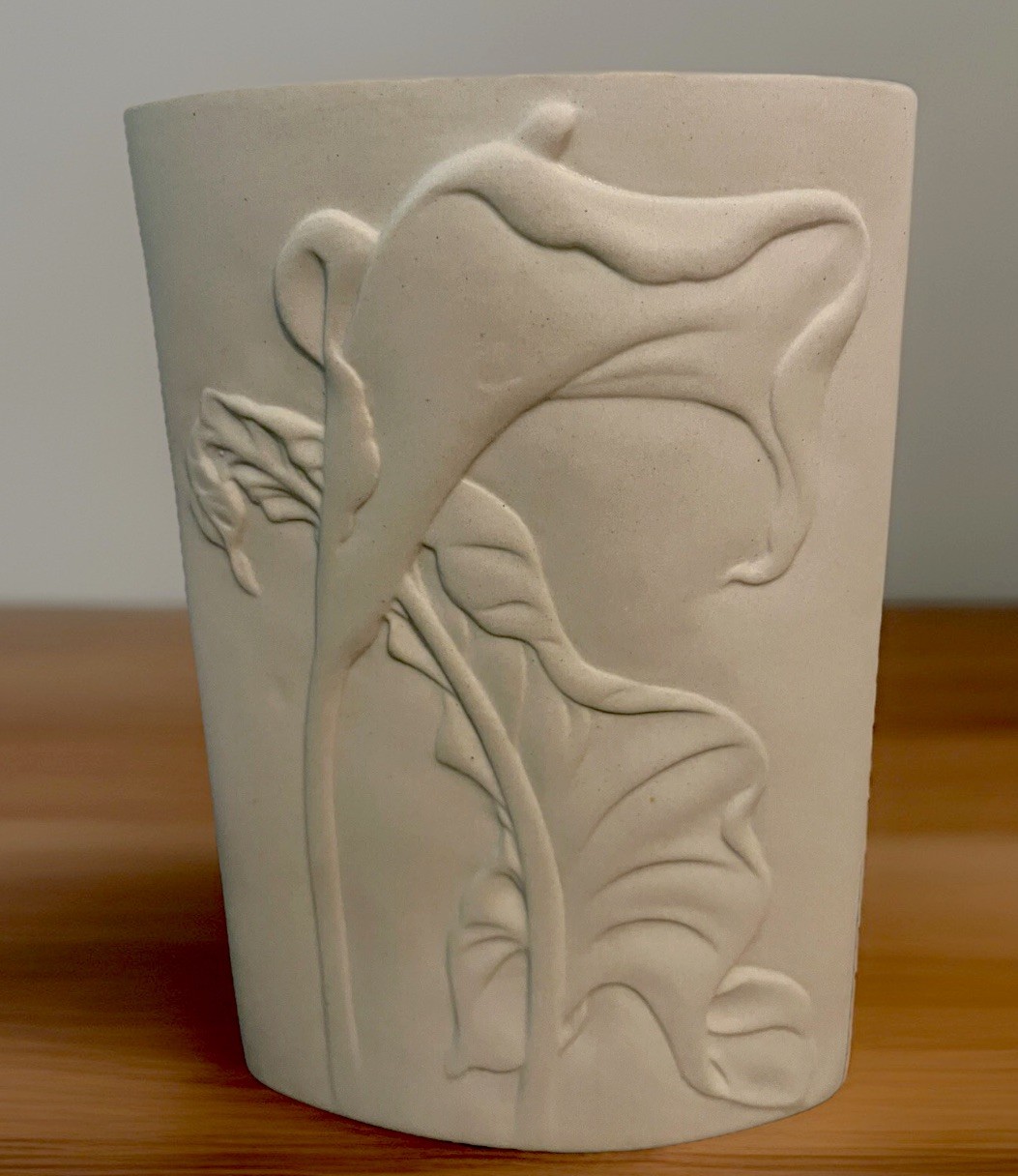 Vintage Raised Relief Lily Pottery Vase Mid Century Modern Oval Shape 8” Retro Vintage Raised Relief Lily Pottery Vase Mid Century Modern Oval Shape 8” Retro