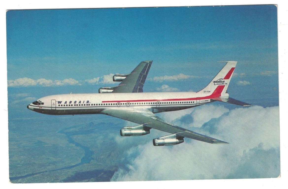 VINTAGE WARDAIR CANADA BOEING 707-320C JET IN FLIGHT POSTCARD