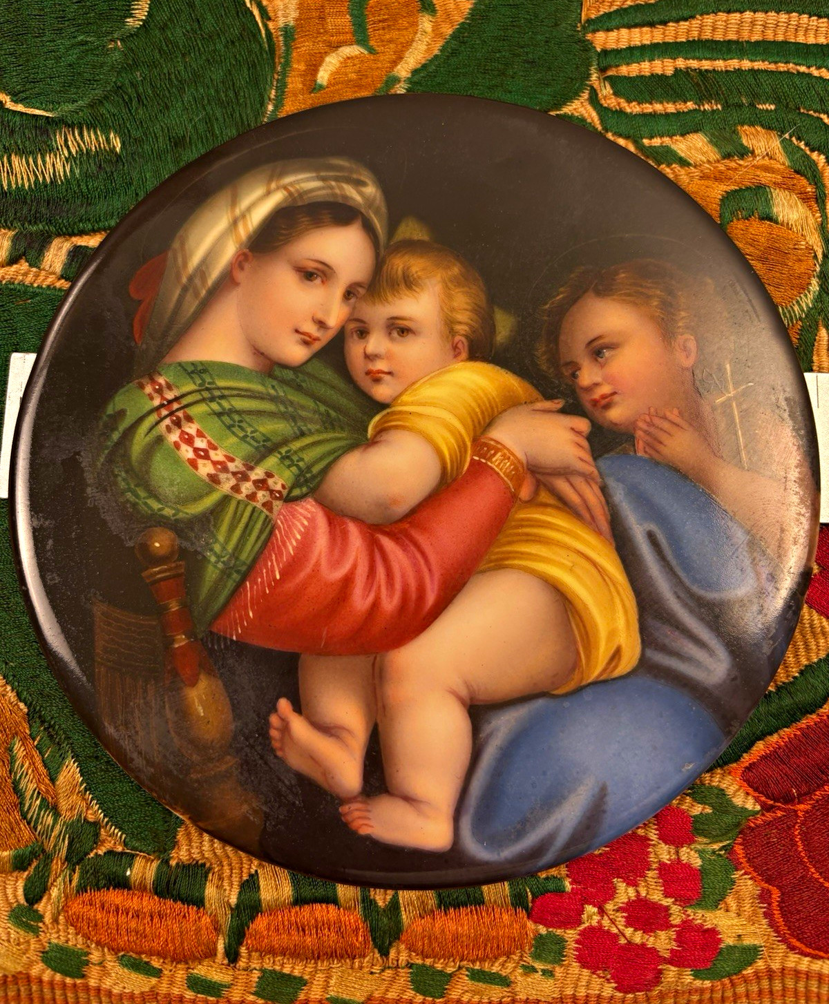 Antique Italian Porcelain Plaque Hand Painted Madonna della Seggiola Florence