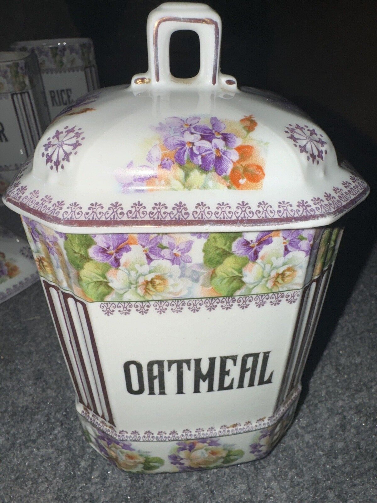 Vintage Czechoslovakian Ceramic Oatmeal Canister Floral Kareg RARE Design
