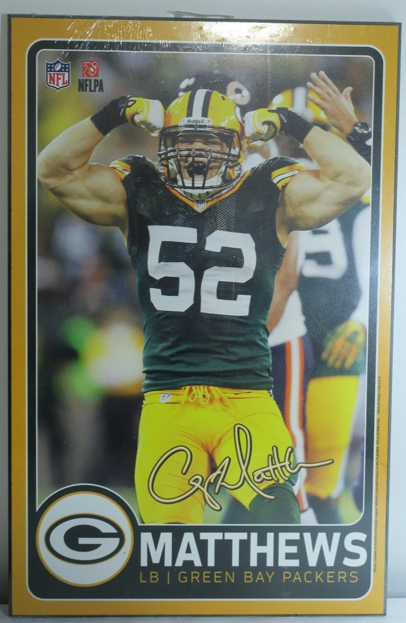 Clay Matthews Green Bay Packers Wood Sign WinCraft 11x17 Topps Style Plaque NFL
