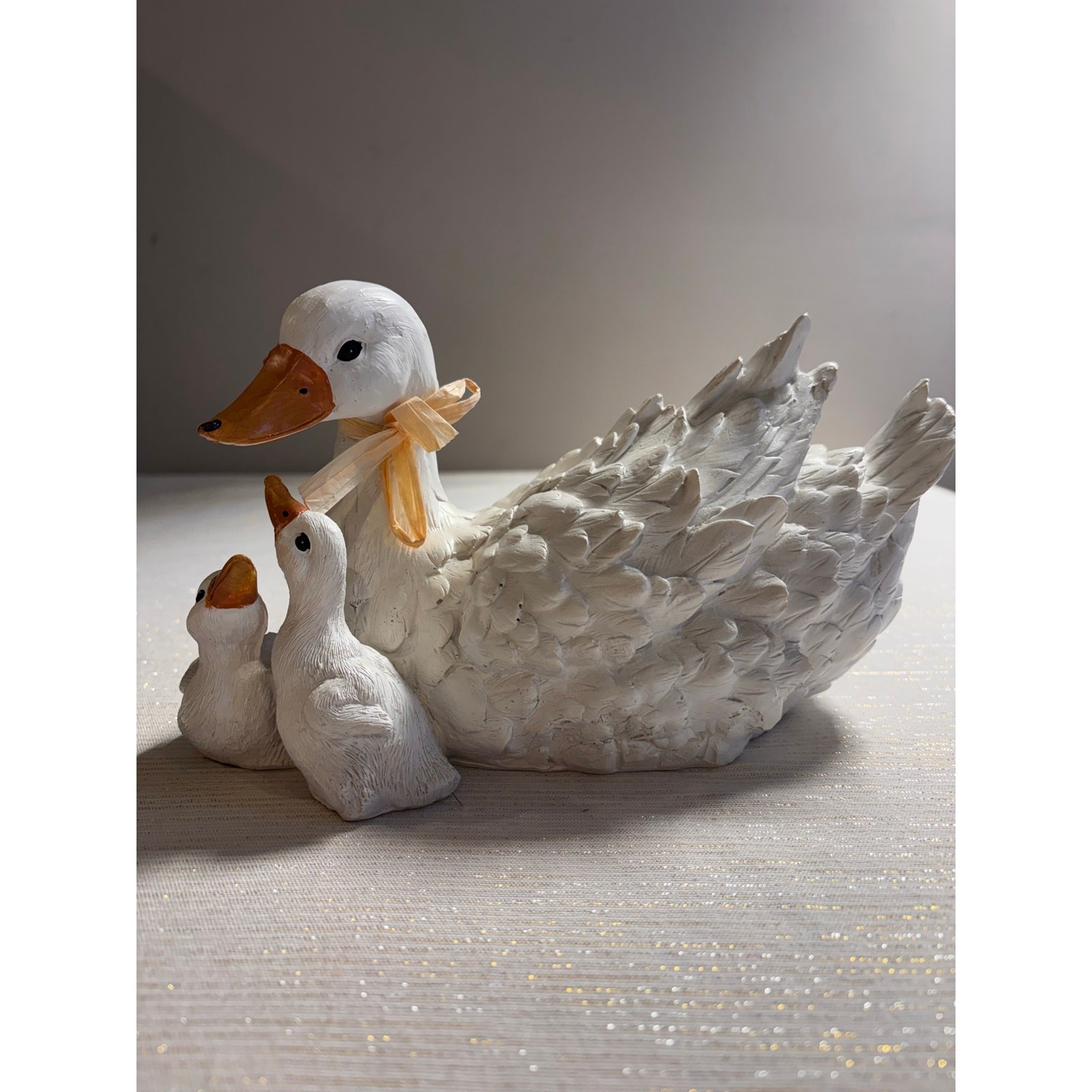 Beautiful Vintage Painted White Ceramic Mother Duck Goose Swan with Ducklings
