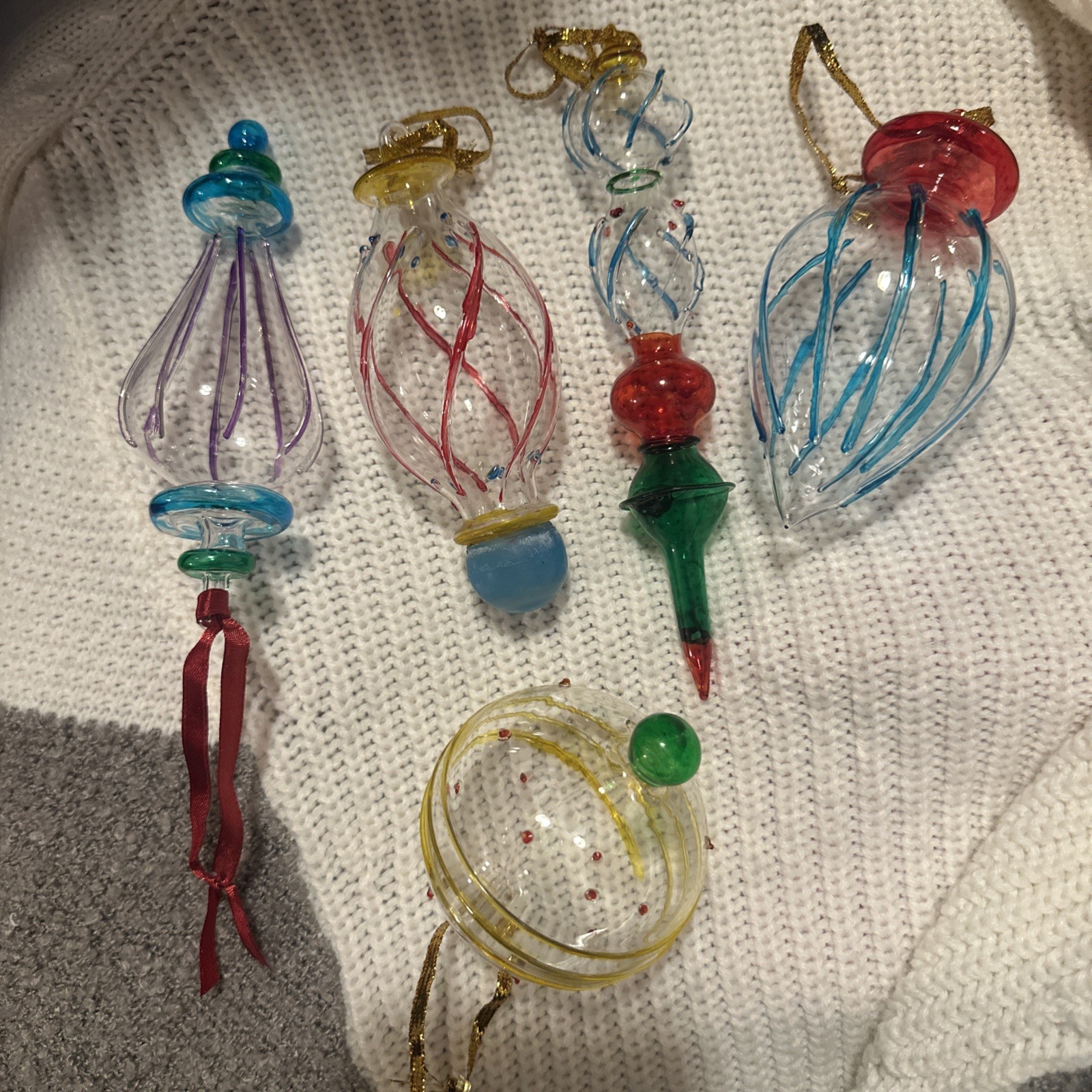Vintage Set Of 5 Unique Shaped Multi Color Hand blown Glass Christmas Ornaments Vintage Set Of 5 Unique Shaped Multi Color Hand blown Glass Christmas Ornaments