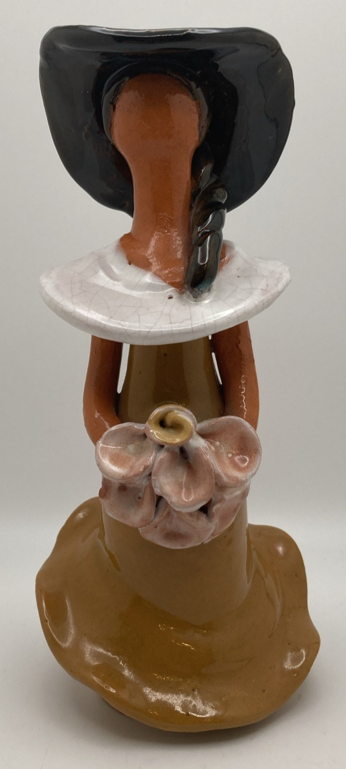 Faceless Terracotta Lady In Brown Ruffled Dress Flower Bouquet Pottery Figure 7\