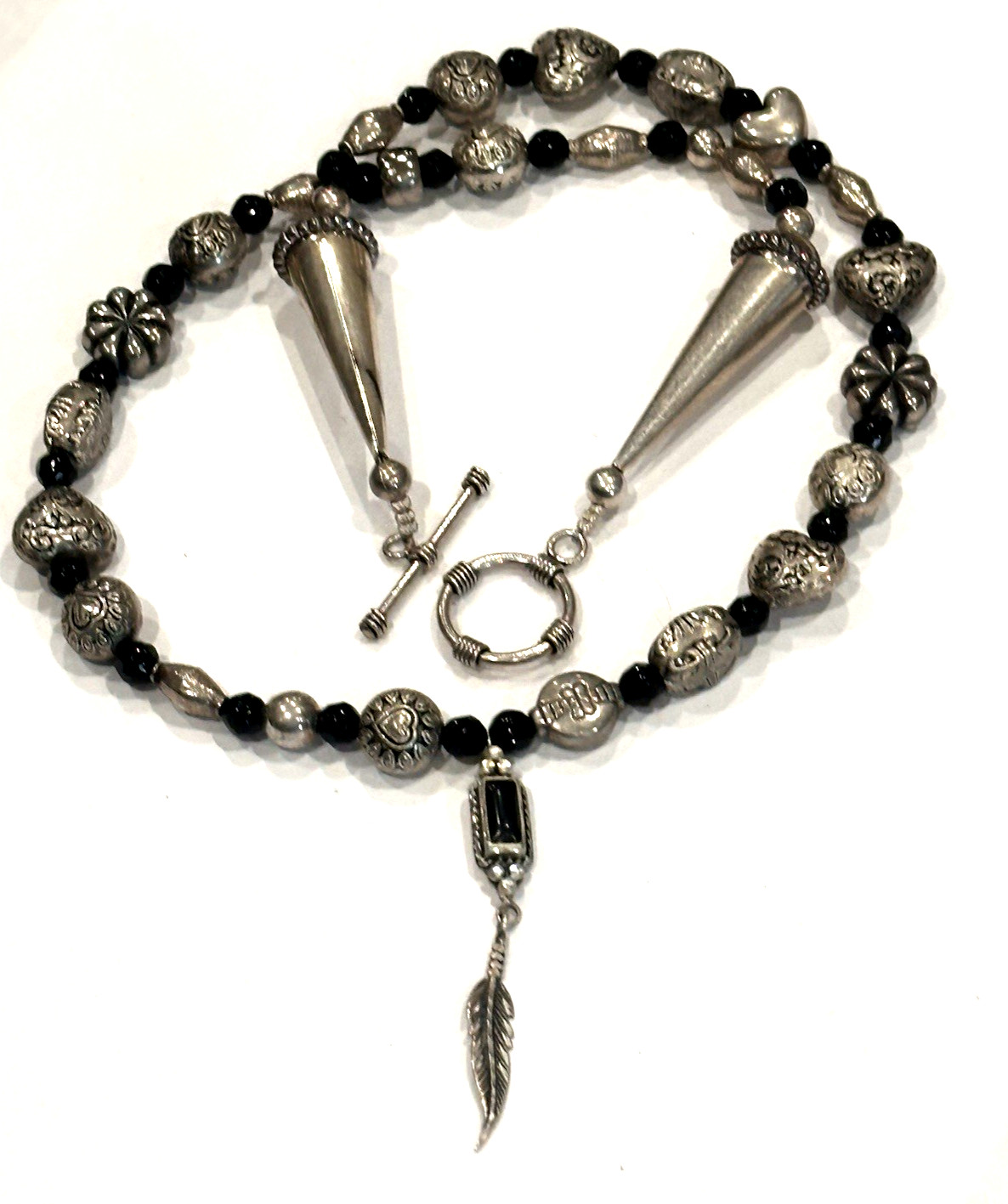 SHARON CISCO SC Sterling Silver BLACK ONXY FEATHER PENDANT BEAD 24\
