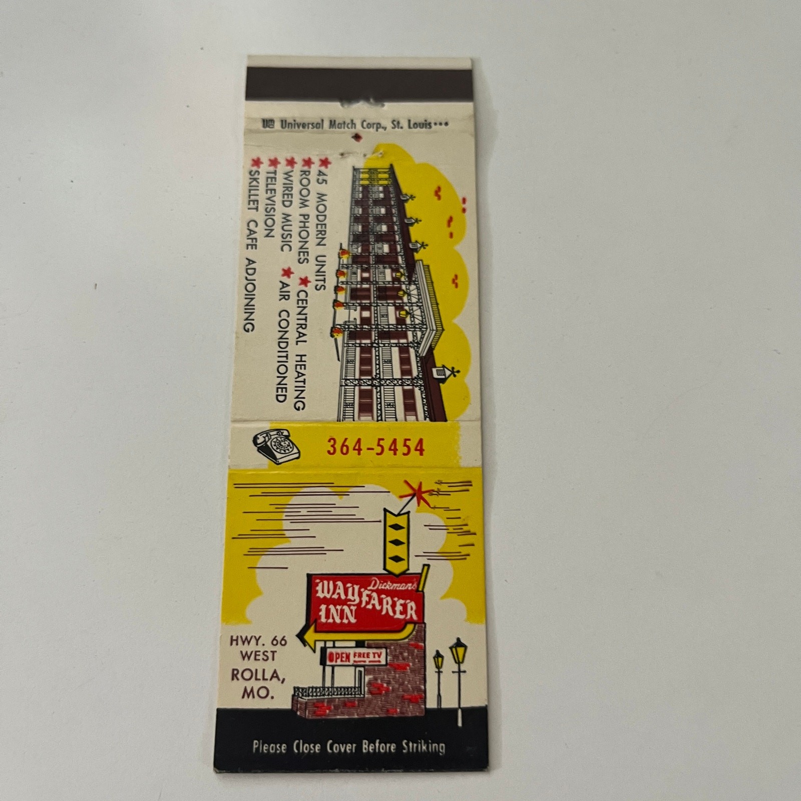 Dickman\'s Wayfarer Inn Hwy 66 West Rolla MO Vintage Matchbook Cover SMB31-6
