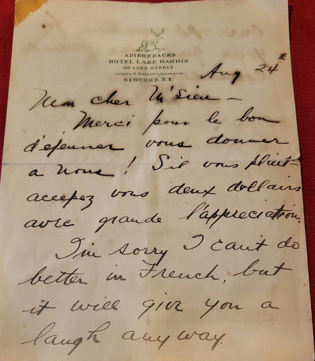 Vintage Lake Harris House Hotel, Newcomb NY Adk hand written note on stationary Vintage Lake Harris House Hotel, Newcomb NY Adk hand written note on stationary