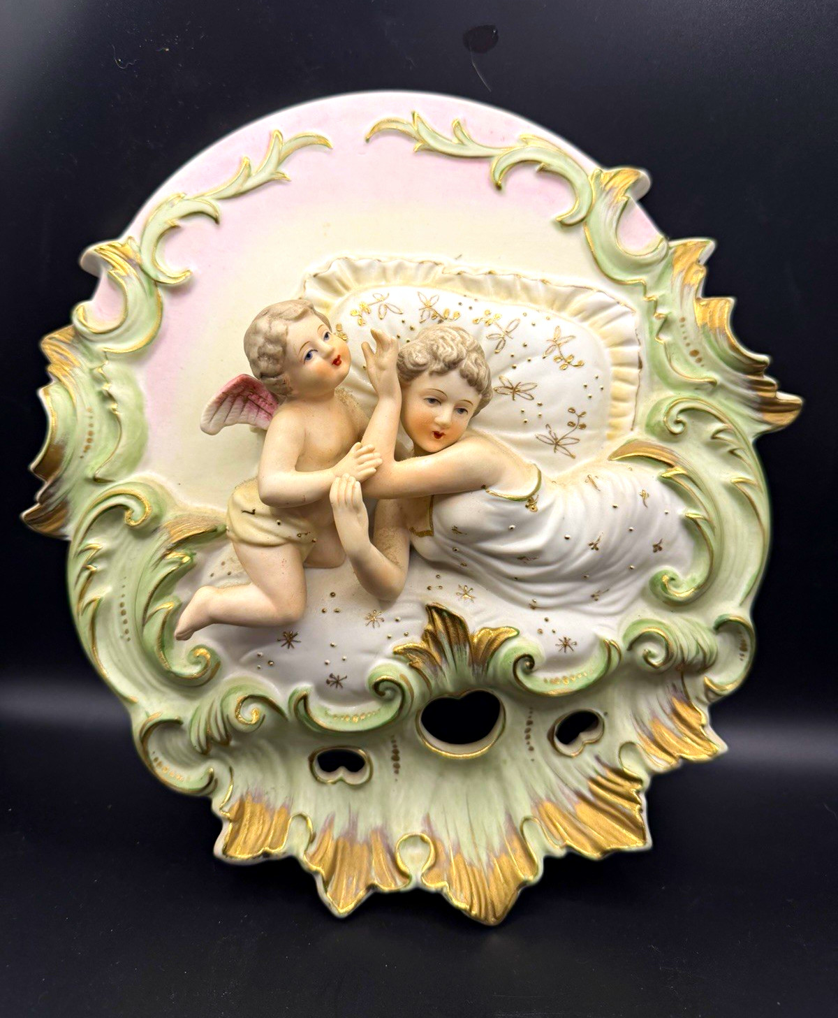 Antique German High Relief Bisque Porcelain Wall Plaque 3D Cherub Venus Signed Antique German High Relief Bisque Porcelain Wall Plaque 3D Cherub Venus Signed